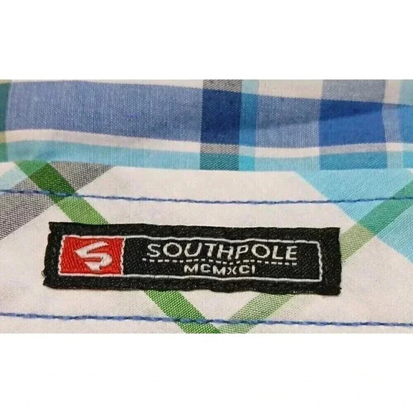 Southpole Men's Blue Plaid Button Down Short Sleeve Shirt Size XL - Picture 5 of 7